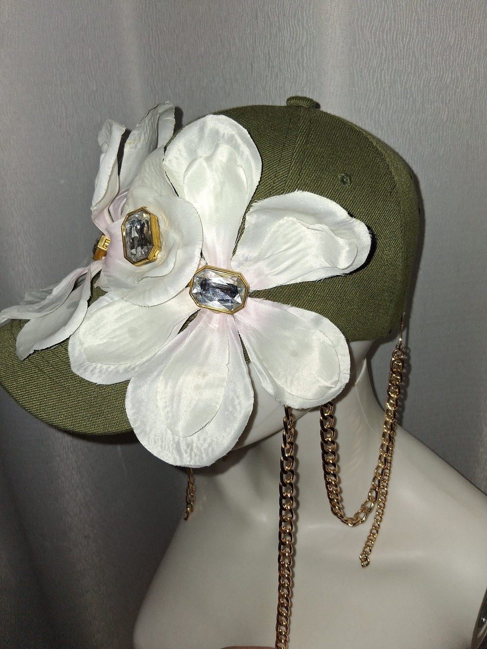 Olive Green Floral Baseball Cap with Gold Chains